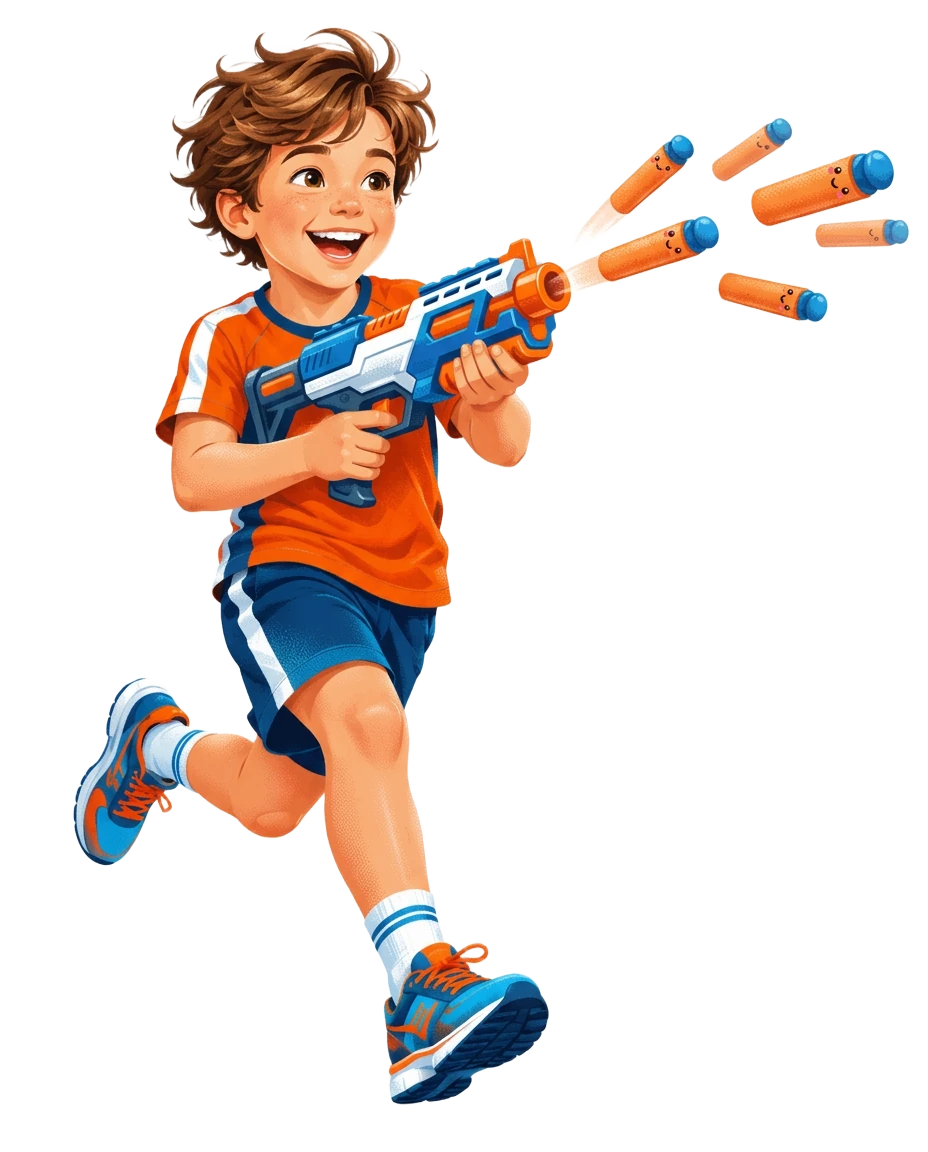 Illustrated child running with a foam dart blaster and soft orange darts