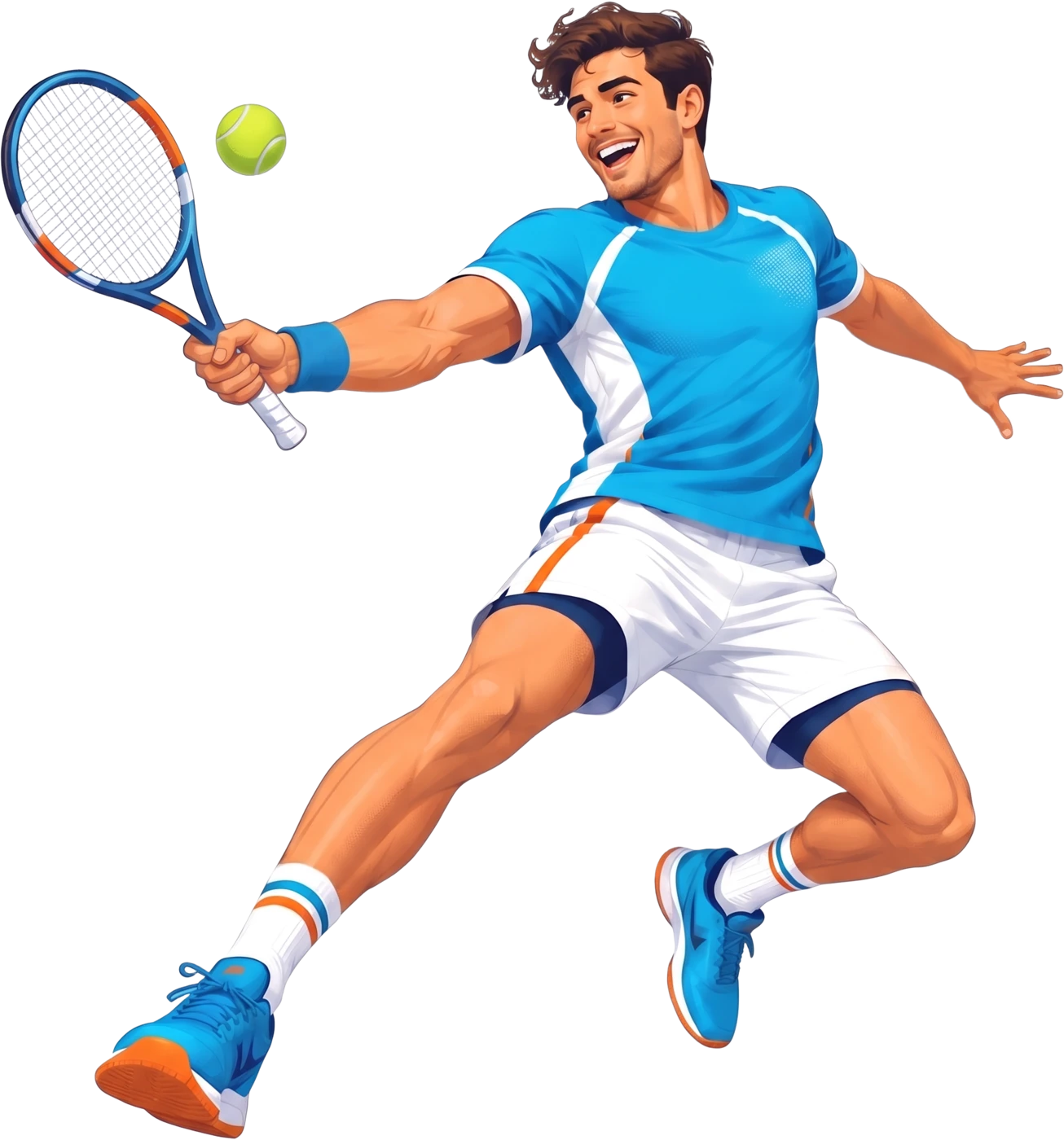 Illustrated male tennis player swinging at a ball