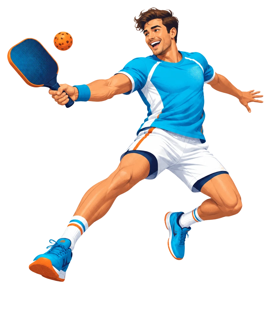 Illustrated pickleball player in mid-swing
